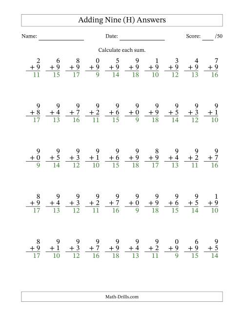 The Single Digit Addition -- 50 Vertical Questions -- Adding Nines (H) Math Worksheet Page 2