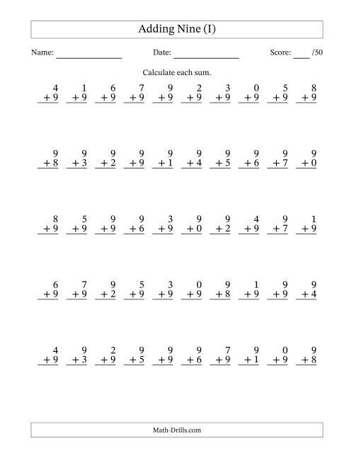 The Single Digit Addition -- 50 Vertical Questions -- Adding Nines (I) Math Worksheet