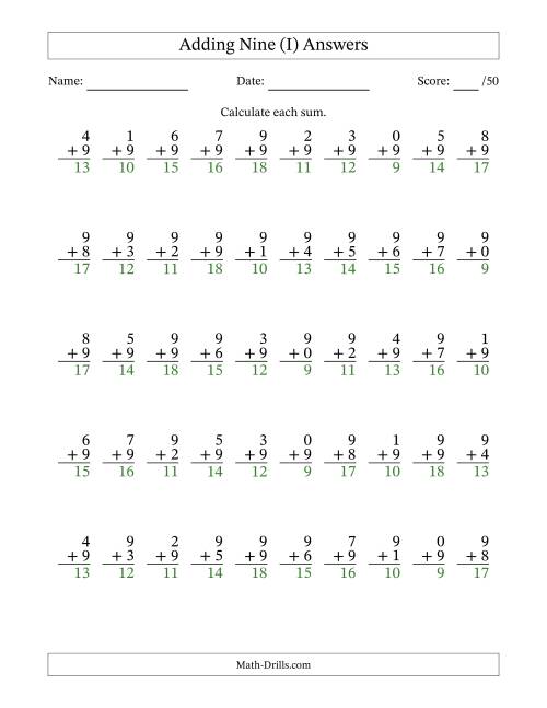 The Single Digit Addition -- 50 Vertical Questions -- Adding Nines (I) Math Worksheet Page 2
