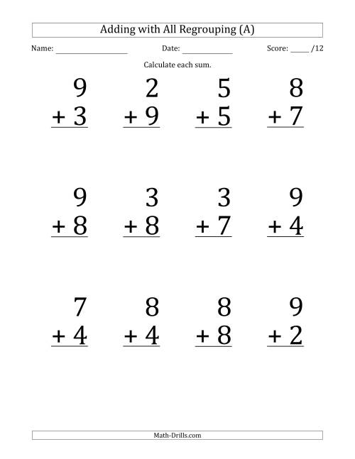 The 12 Single-Digit Addition Questions with All Regrouping (A) Math Worksheet