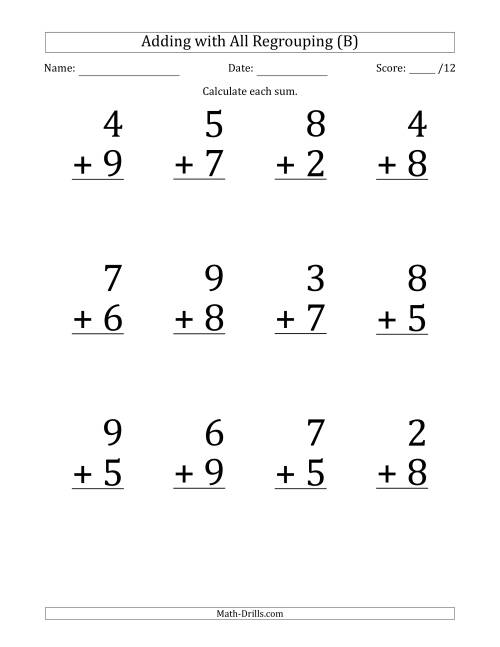 The 12 Single-Digit Addition Questions with All Regrouping (B) Math Worksheet
