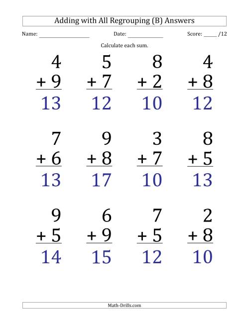 The 12 Single-Digit Addition Questions with All Regrouping (B) Math Worksheet Page 2