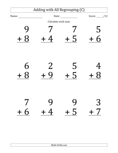 The 12 Single-Digit Addition Questions with All Regrouping (C) Math Worksheet