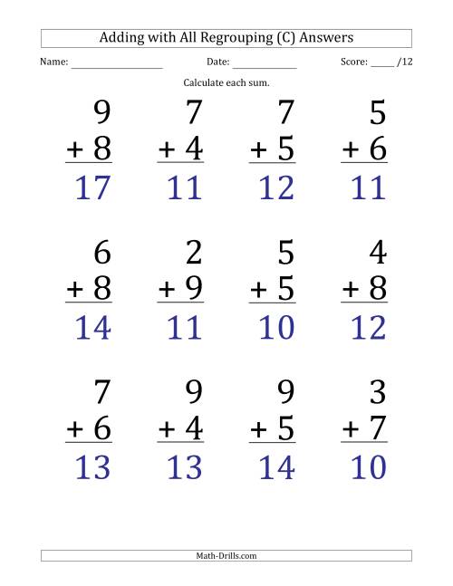 The 12 Single-Digit Addition Questions with All Regrouping (C) Math Worksheet Page 2