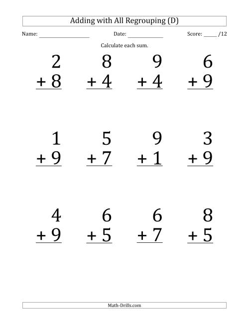 The 12 Single-Digit Addition Questions with All Regrouping (D) Math Worksheet