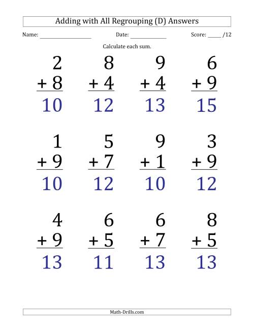 The 12 Single-Digit Addition Questions with All Regrouping (D) Math Worksheet Page 2