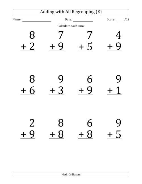 The 12 Single-Digit Addition Questions with All Regrouping (E) Math Worksheet