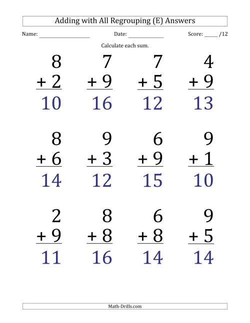 The 12 Single-Digit Addition Questions with All Regrouping (E) Math Worksheet Page 2