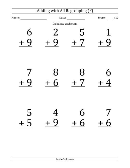 The 12 Single-Digit Addition Questions with All Regrouping (F) Math Worksheet