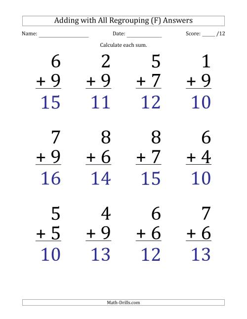 The 12 Single-Digit Addition Questions with All Regrouping (F) Math Worksheet Page 2