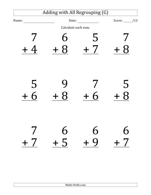 The 12 Single-Digit Addition Questions with All Regrouping (G) Math Worksheet