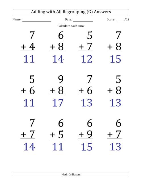 The 12 Single-Digit Addition Questions with All Regrouping (G) Math Worksheet Page 2