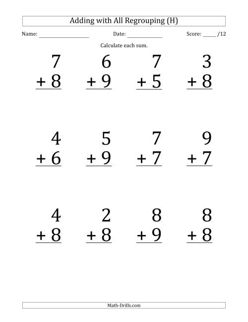 The 12 Single-Digit Addition Questions with All Regrouping (H) Math Worksheet