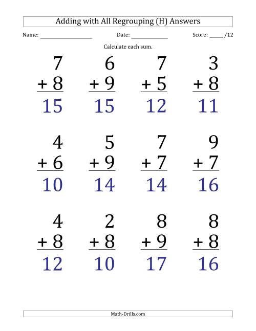 The 12 Single-Digit Addition Questions with All Regrouping (H) Math Worksheet Page 2