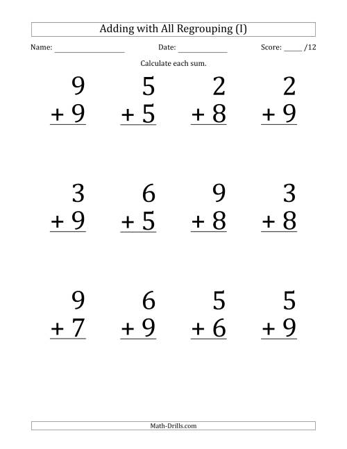 The 12 Single-Digit Addition Questions with All Regrouping (I) Math Worksheet
