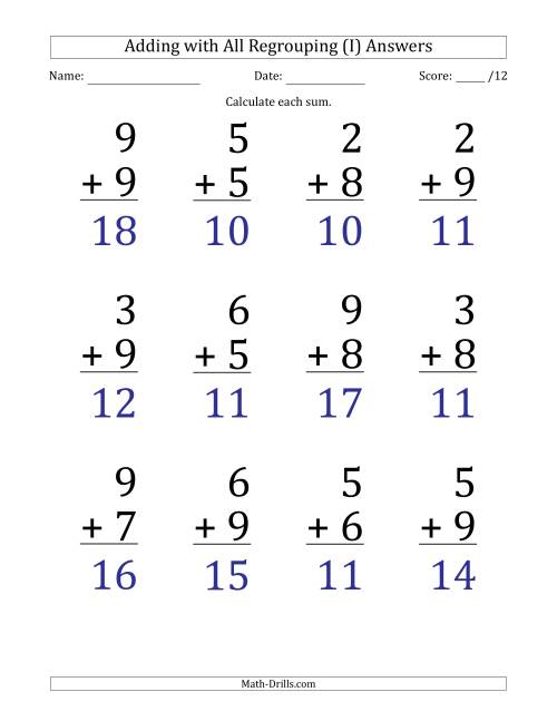The 12 Single-Digit Addition Questions with All Regrouping (I) Math Worksheet Page 2