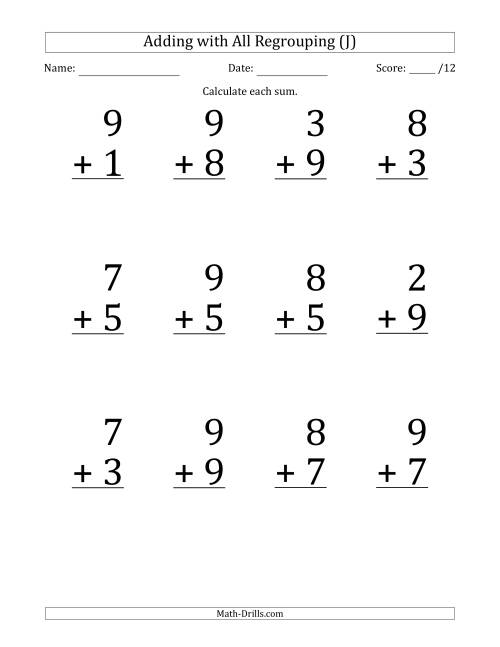 The 12 Single-Digit Addition Questions with All Regrouping (J) Math Worksheet