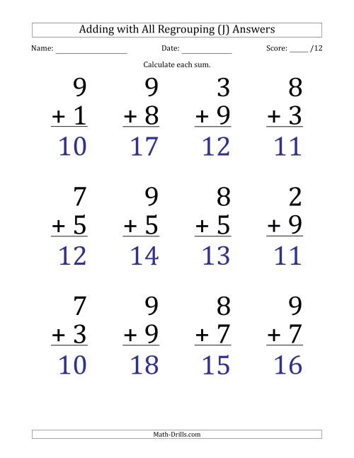 The 12 Single-Digit Addition Questions with All Regrouping (J) Math Worksheet Page 2