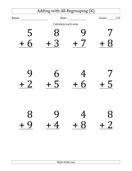 The 12 Single-Digit Addition Questions with All Regrouping (K) Math Worksheet