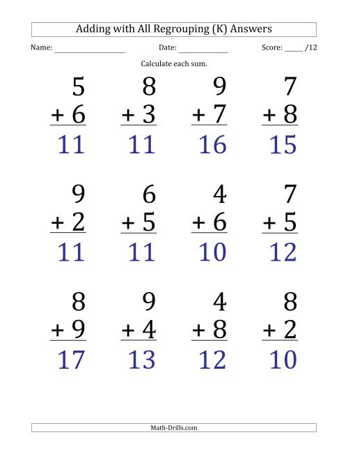 The 12 Single-Digit Addition Questions with All Regrouping (K) Math Worksheet Page 2
