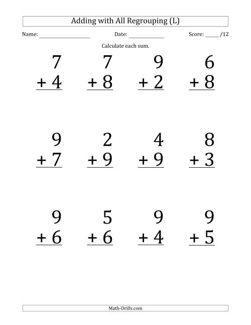 The 12 Single-Digit Addition Questions with All Regrouping (L) Math Worksheet