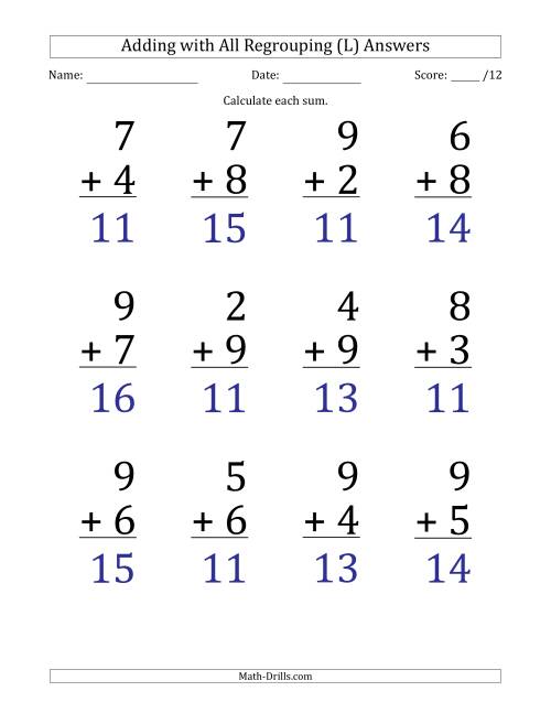 The 12 Single-Digit Addition Questions with All Regrouping (L) Math Worksheet Page 2