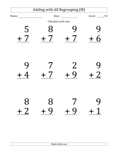 The 12 Single-Digit Addition Questions with All Regrouping (M) Math Worksheet