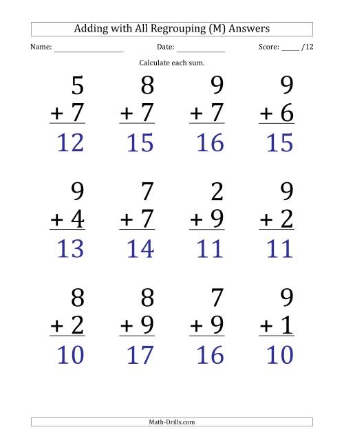 The 12 Single-Digit Addition Questions with All Regrouping (M) Math Worksheet Page 2