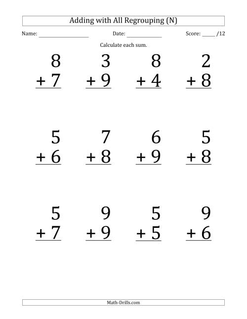 The 12 Single-Digit Addition Questions with All Regrouping (N) Math Worksheet
