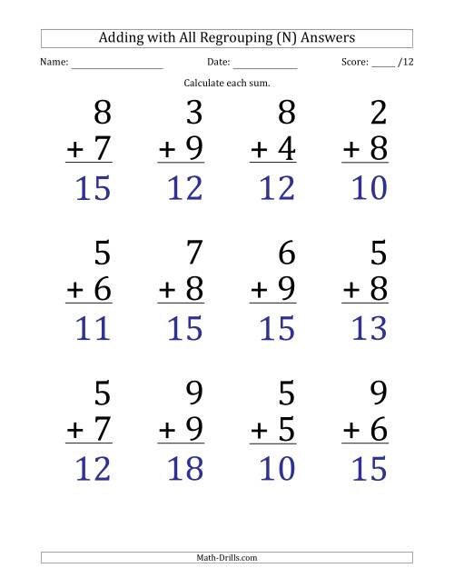 The 12 Single-Digit Addition Questions with All Regrouping (N) Math Worksheet Page 2