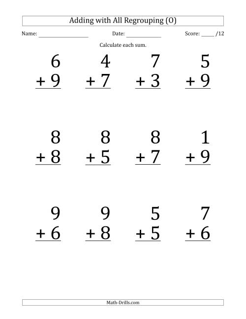 The 12 Single-Digit Addition Questions with All Regrouping (O) Math Worksheet