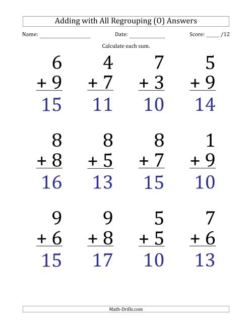 The 12 Single-Digit Addition Questions with All Regrouping (O) Math Worksheet Page 2