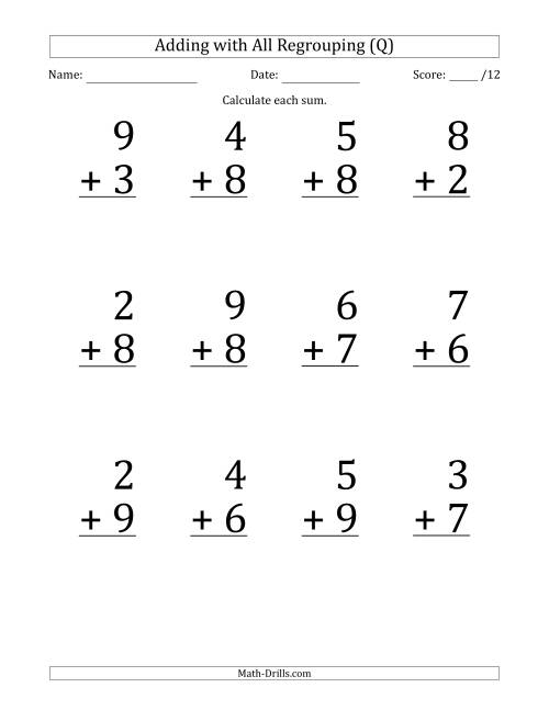 The 12 Single-Digit Addition Questions with All Regrouping (Q) Math Worksheet