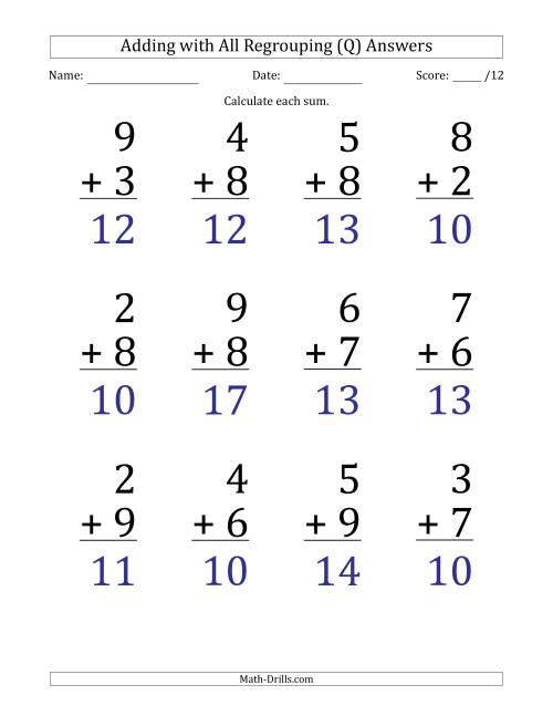 The 12 Single-Digit Addition Questions with All Regrouping (Q) Math Worksheet Page 2