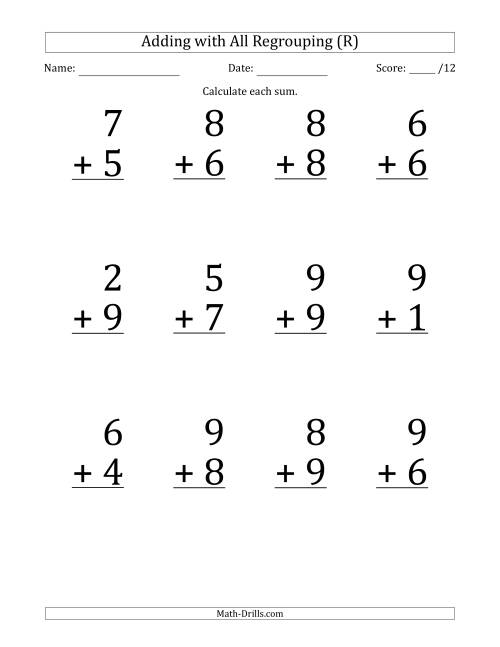 The 12 Single-Digit Addition Questions with All Regrouping (R) Math Worksheet