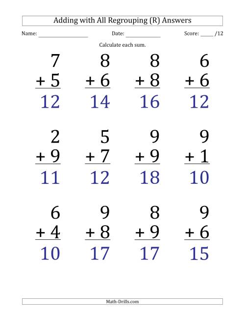 The 12 Single-Digit Addition Questions with All Regrouping (R) Math Worksheet Page 2
