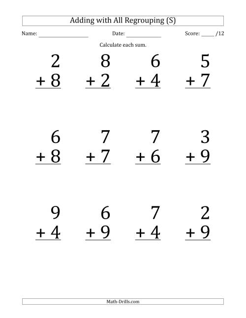 The 12 Single-Digit Addition Questions with All Regrouping (S) Math Worksheet
