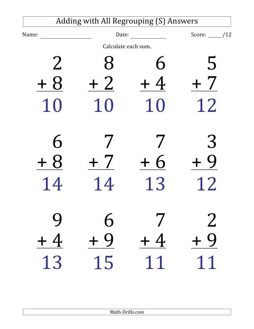 The 12 Single-Digit Addition Questions with All Regrouping (S) Math Worksheet Page 2