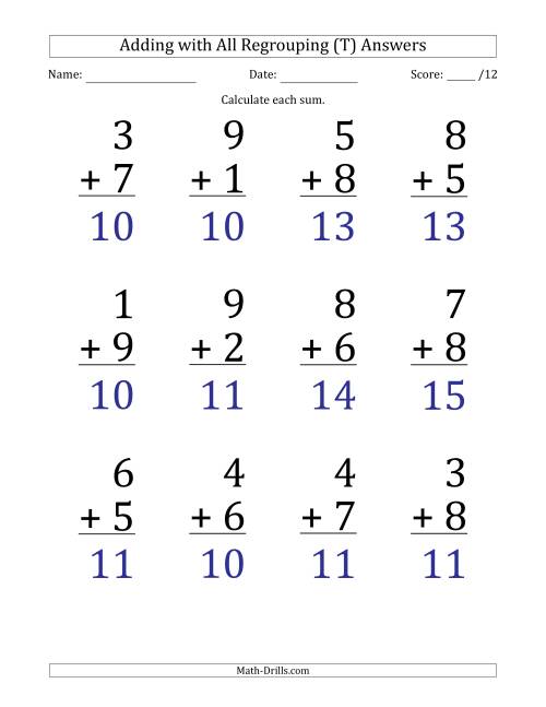 The 12 Single-Digit Addition Questions with All Regrouping (T) Math Worksheet Page 2