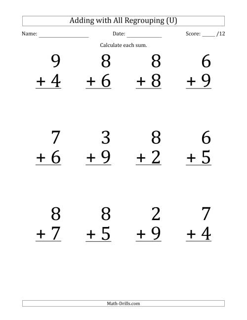 The 12 Single-Digit Addition Questions with All Regrouping (U) Math Worksheet