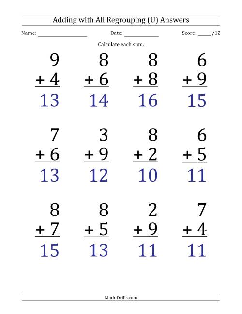 The 12 Single-Digit Addition Questions with All Regrouping (U) Math Worksheet Page 2