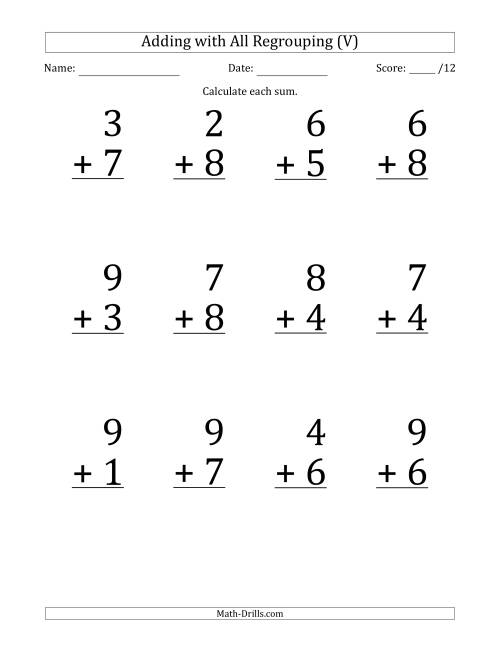 The 12 Single-Digit Addition Questions with All Regrouping (V) Math Worksheet