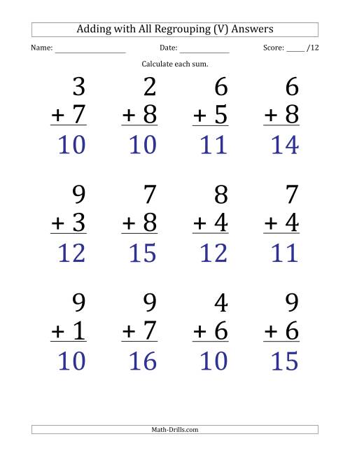 The 12 Single-Digit Addition Questions with All Regrouping (V) Math Worksheet Page 2