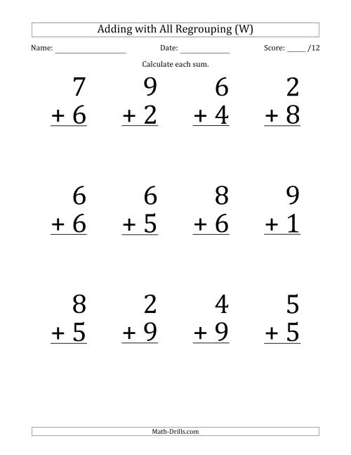 The 12 Single-Digit Addition Questions with All Regrouping (W) Math Worksheet