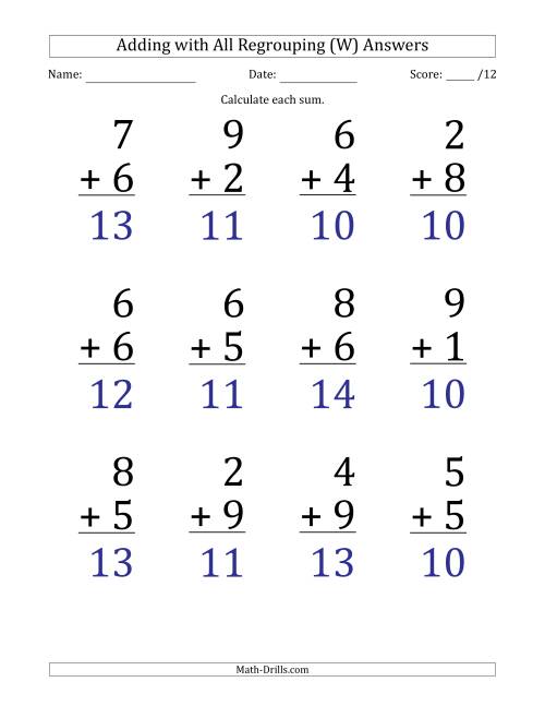 The 12 Single-Digit Addition Questions with All Regrouping (W) Math Worksheet Page 2