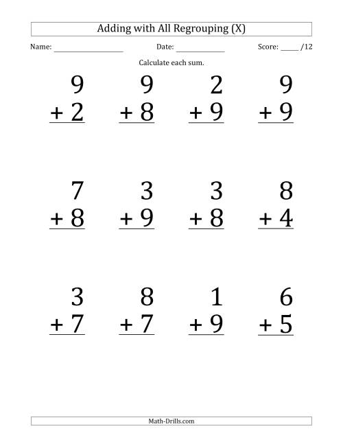 The 12 Single-Digit Addition Questions with All Regrouping (X) Math Worksheet