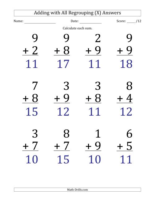 The 12 Single-Digit Addition Questions with All Regrouping (X) Math Worksheet Page 2
