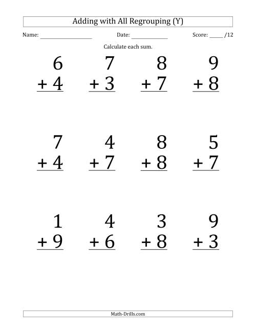 The 12 Single-Digit Addition Questions with All Regrouping (Y) Math Worksheet
