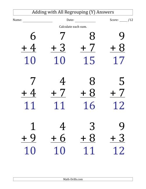 The 12 Single-Digit Addition Questions with All Regrouping (Y) Math Worksheet Page 2