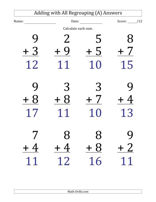 The 12 Single-Digit Addition Questions with All Regrouping (All) Math Worksheet Page 2